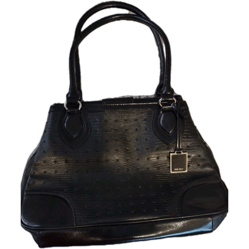 Nine West Black Lizard Embossed Tote Bag - Triple Compartment Studded Satchel